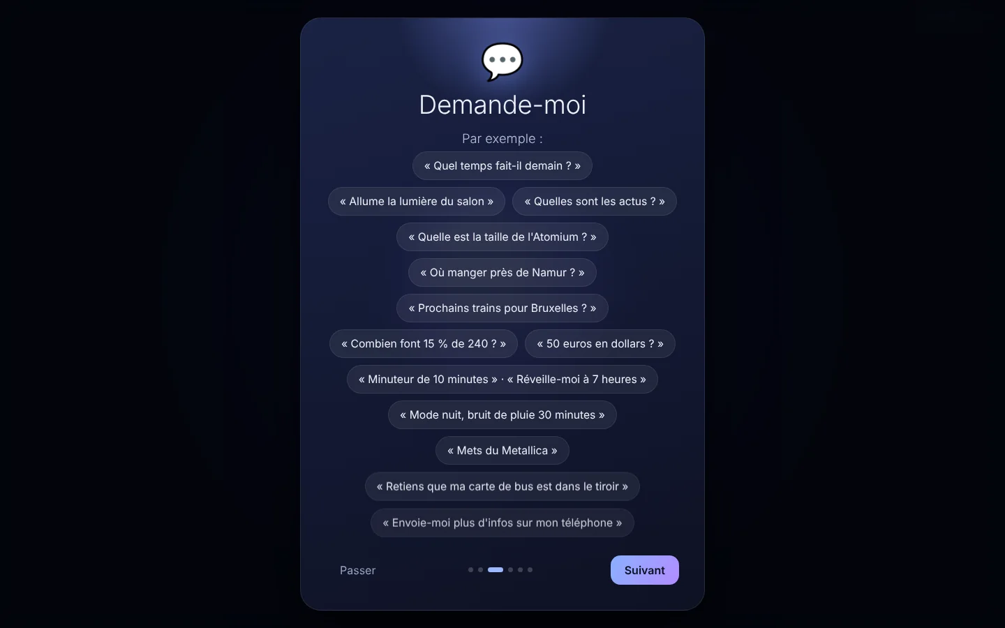 Fenêtre du tutoriel qui propose des phrases à essayer.